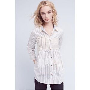 Anthropologie Holding Horses Poplin Babydoll Patchwork Striped Button Up Shirt L